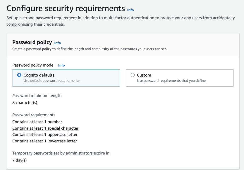 Configuring password policy for AWS Cognito's user pool