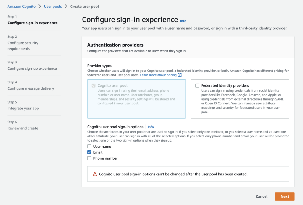 Create a Cognito User Pool at AWS Console
