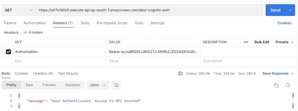 Success Authentication at API Gateway API using AWS Cognito User Pool
